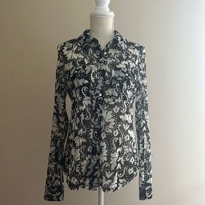 INC International Concept Sheen Black & White Button Down Long Sleeve Blouse